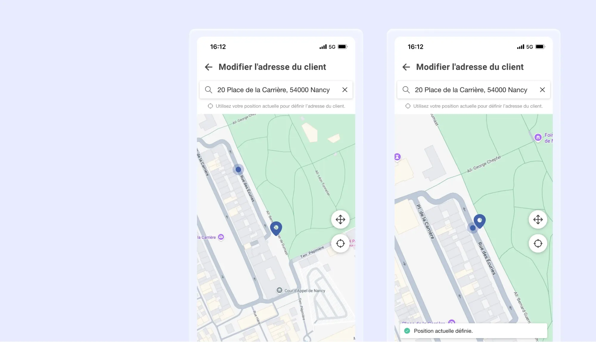 Écran de l'application mobile AntsRoute permettant de modifier l'adresse d'un client sur une carte interactive et de définir sa position actuelle via la géolocalisation.