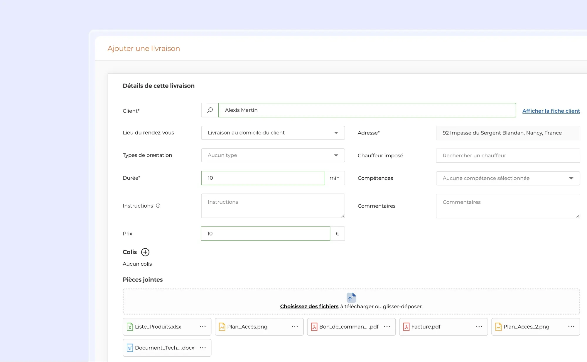 Interface web AntsRoute de création d'une livraison avec formulaire de saisie et ajout de plusieurs pièces jointes, dont des fichiers Excel, PDF, images et documents Word.