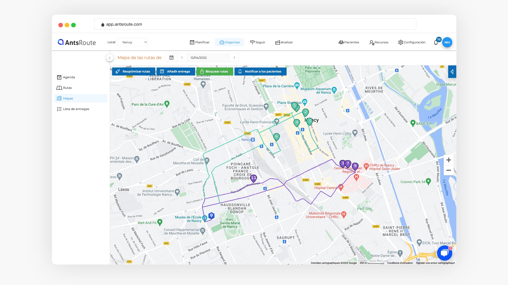 software AntsRoute que muestra dos rutas en un mapa