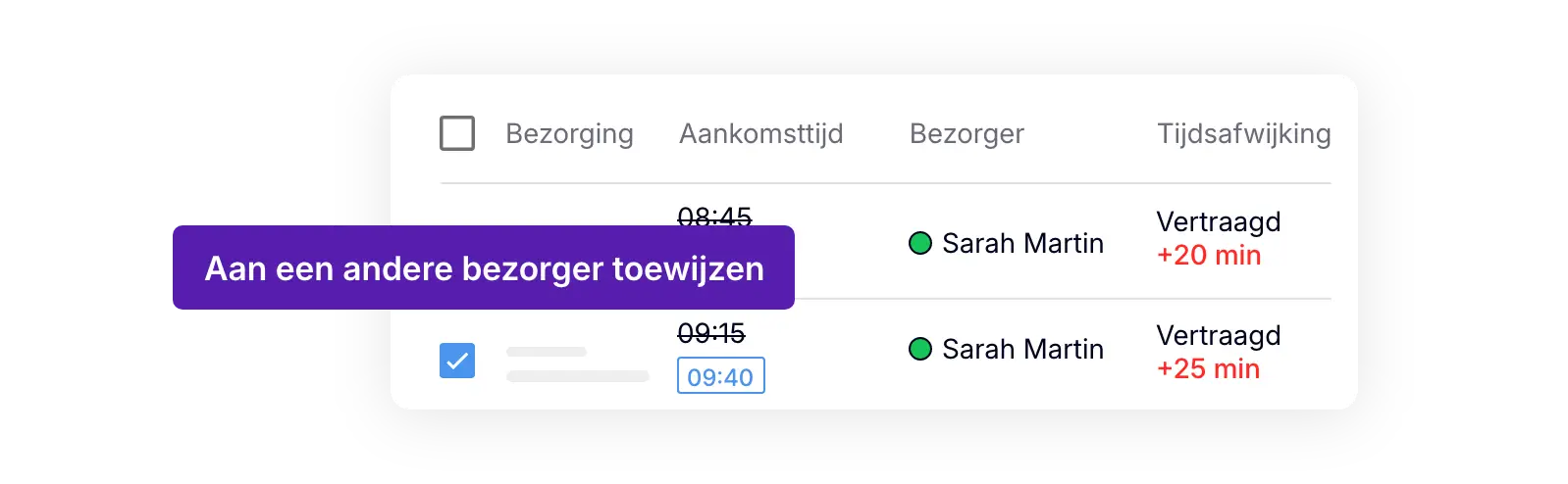 Overzicht van vertraagde bezorgingen met de optie om een bezorging aan een andere bezorger toe te wijzen.