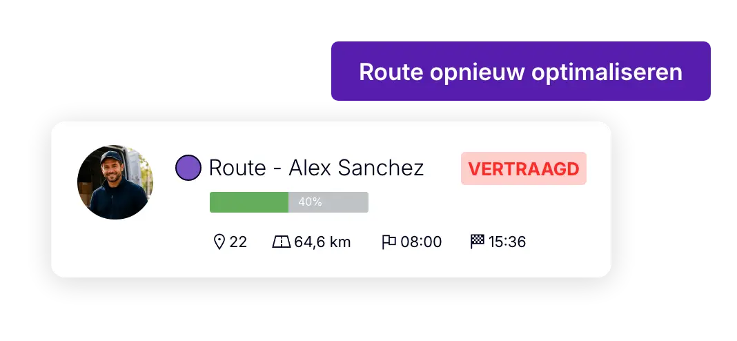 Vertraagde bezorgroute met voortgangsoverzicht en optie om de route opnieuw te optimaliseren.