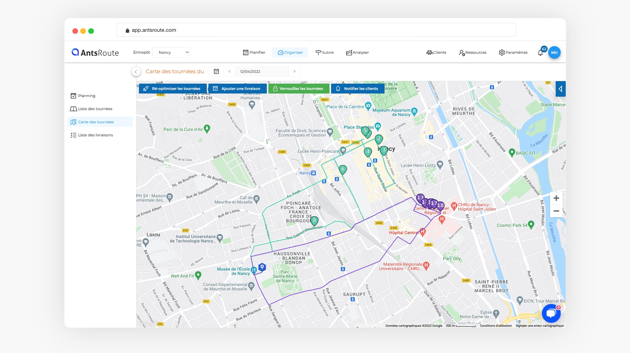 interface du logiciel AntsRoute montrant deux tournées sur une carte
