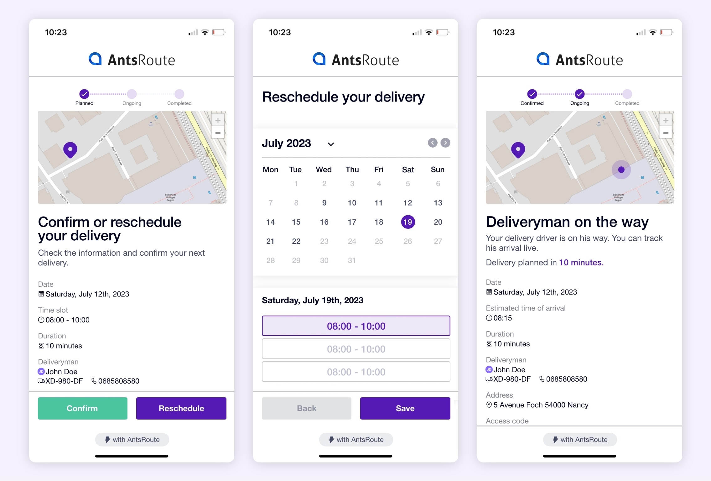 The AntsRoute links for rescheduling a delivery and tracking a driver.