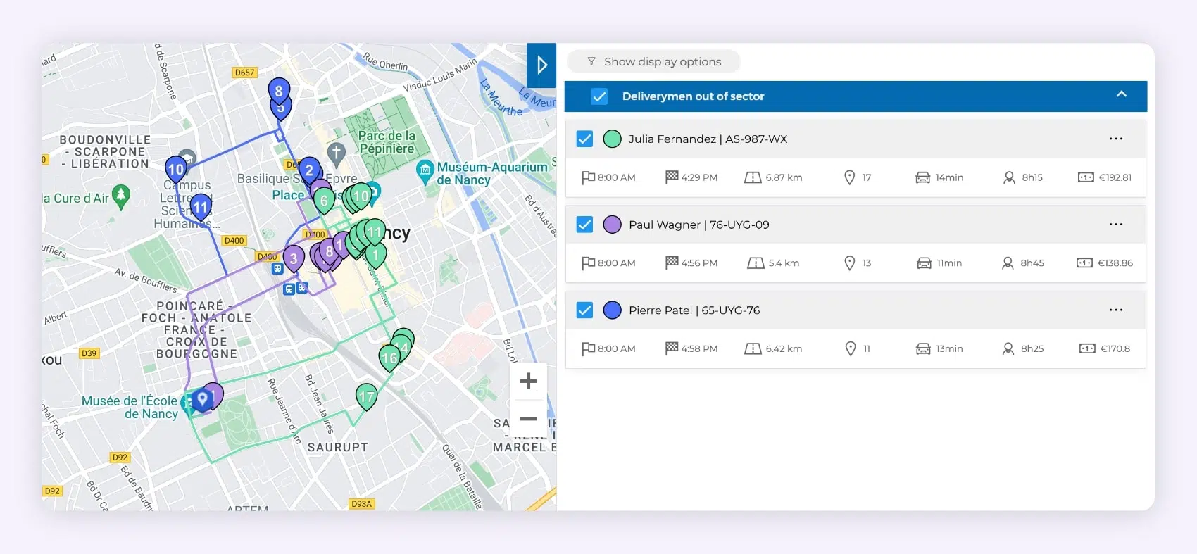 The AntsRoute interface showing three optimised delivery routes on a map.
