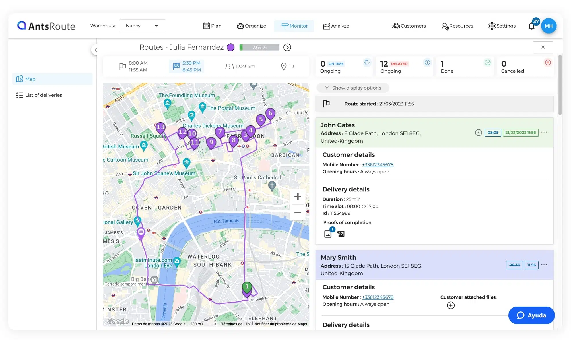 Dashboard of the delivery route tracking on AntsRoute.