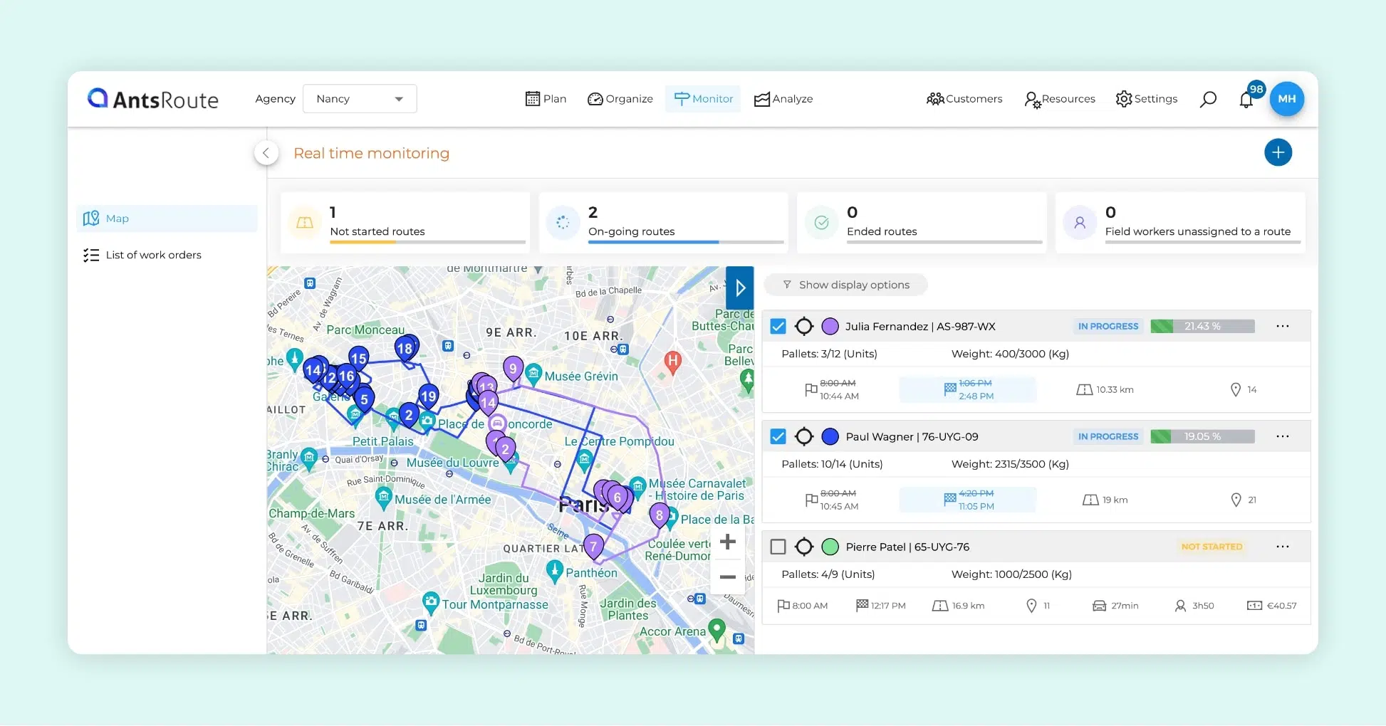 The AntsRoute interface showing two field service routes.