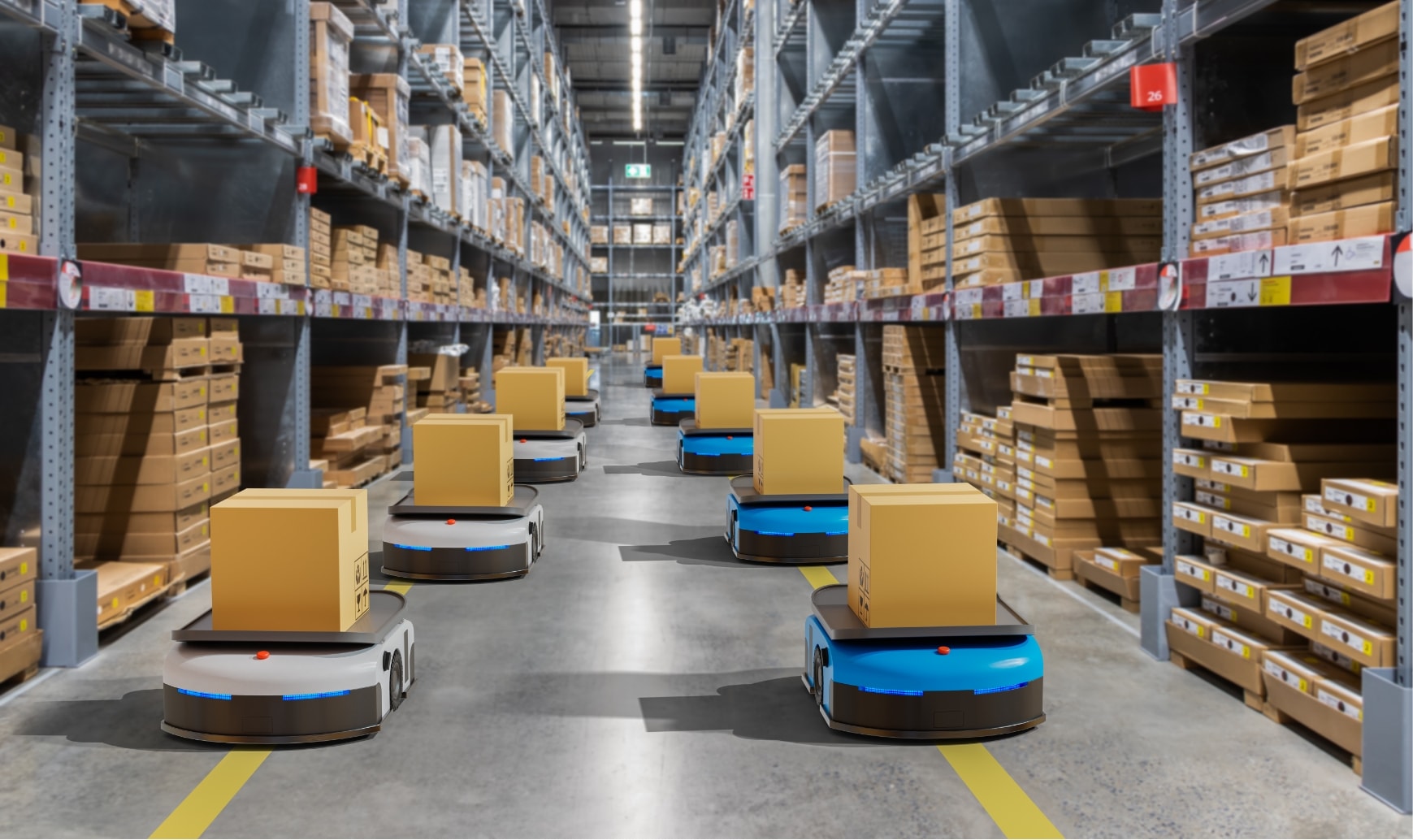 Several robots carry parcels in a warehouse.