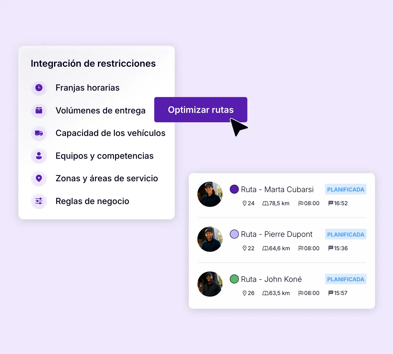 Optimización de rutas según las franjas horarias, la capacidad de los vehículos y las competencias de los equipos