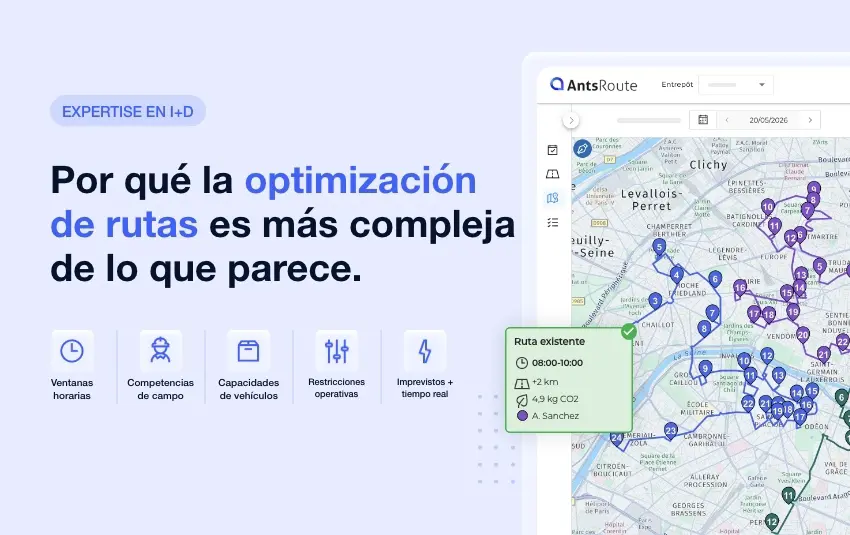 Captura de la interfaz de AntsRoute que presenta varias rutas de reparto en un mapa interactivo y destaca la complejidad de la optimización de rutas en tiempo real.