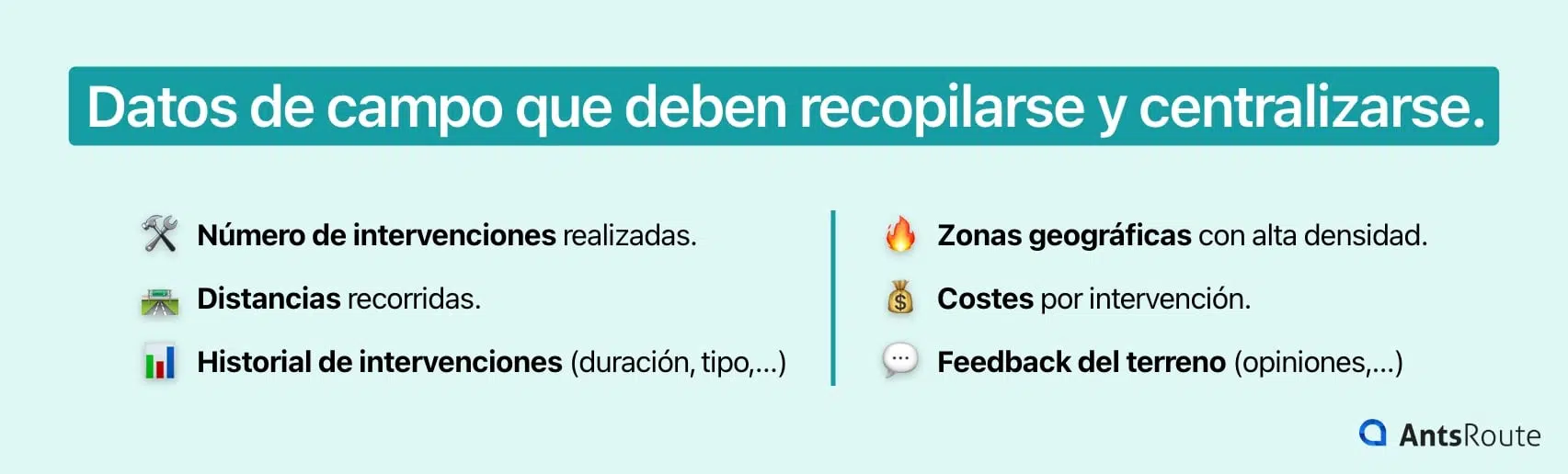 Esquema que presenta los datos de las operaciones en terreno que deben registrarse y centralizarse.