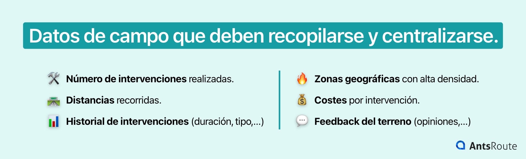 Esquema que muestra los datos de las operaciones en terreno que deben recopilarse y centralizarse.