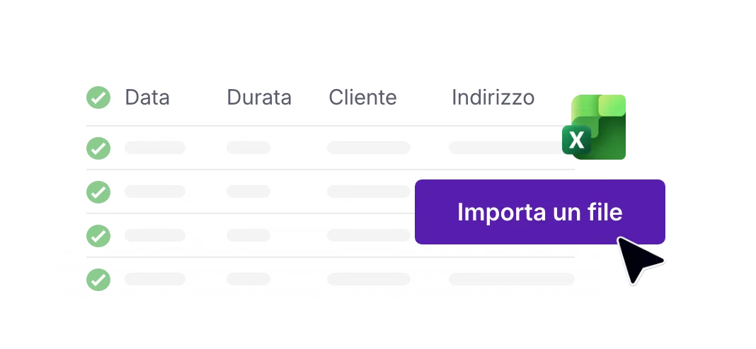 Importazione di un file Excel con date, durate, clienti e indirizzi delle consegne.