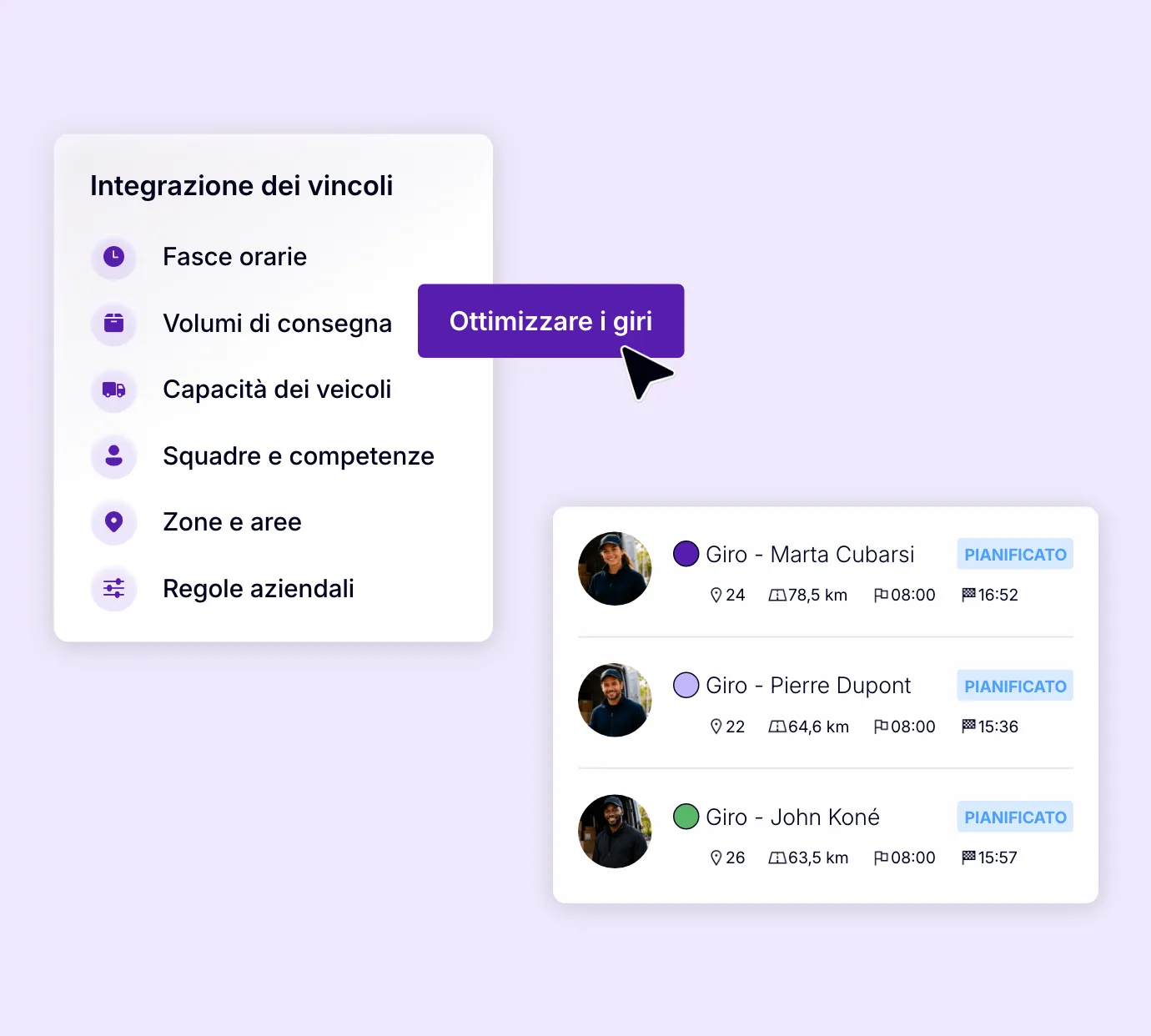 Ottimizzazione dei giri considerando fasce orarie, volumi di consegna, capacità dei veicoli, competenze e zone.