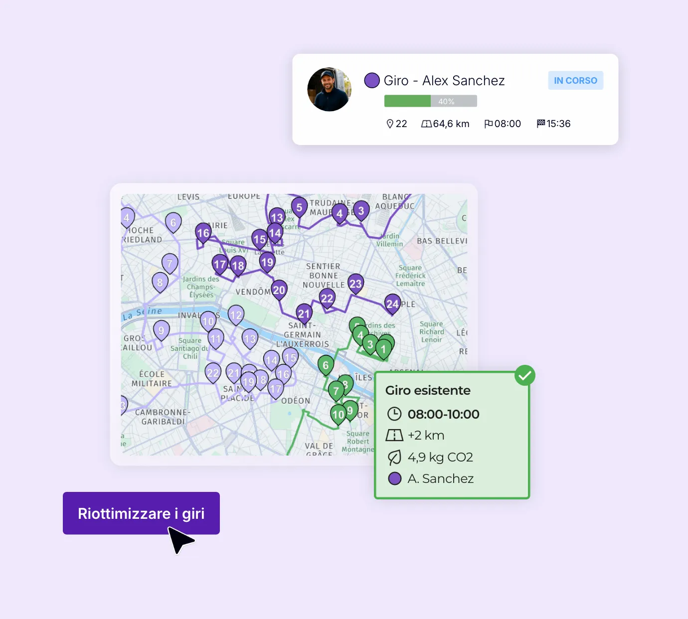 Riottimizzazione di un giro di consegna in corso con proposta di un itinerario più efficiente.