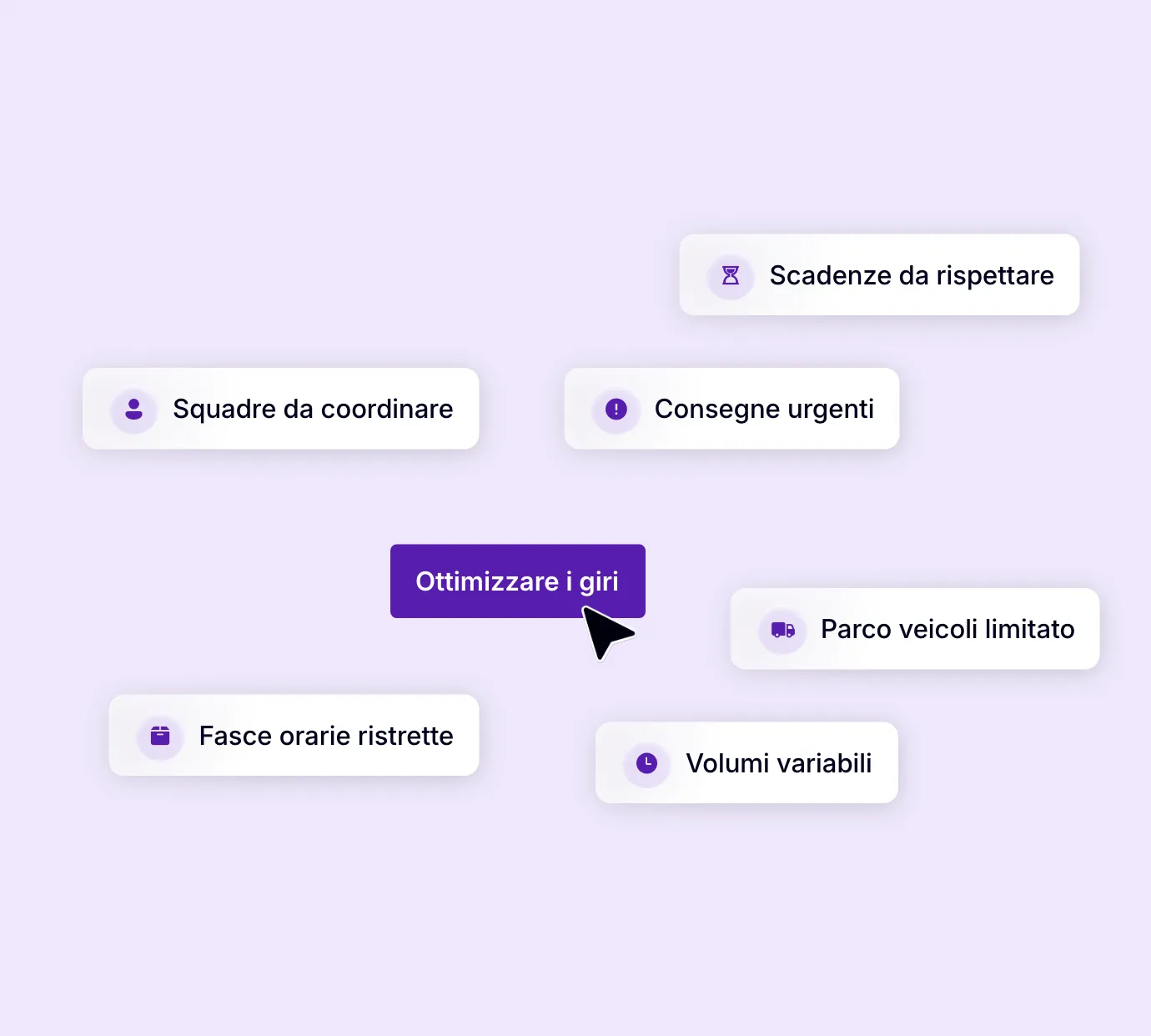 Ottimizzazione dei giri in base a consegne urgenti, fasce orarie, disponibilità dei veicoli e scadenze.