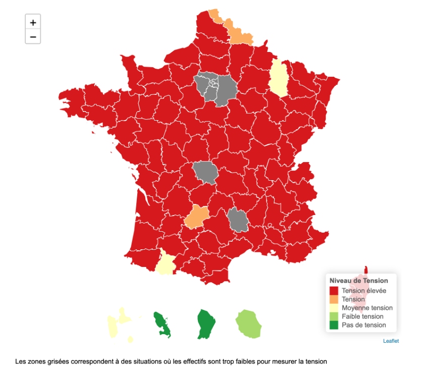 carte de France montrant les départements les plus touchés par la pénurie de chauffeurs routiers en 2021