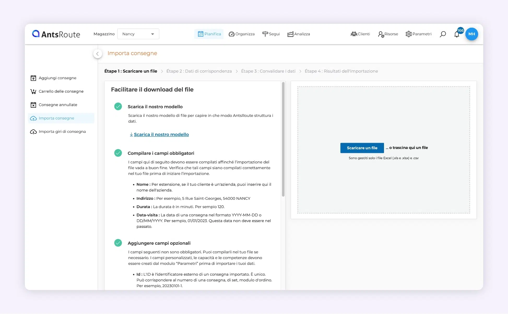 L'interfaccia del software AntsRoute mostra l'importazione di un file Excel.
