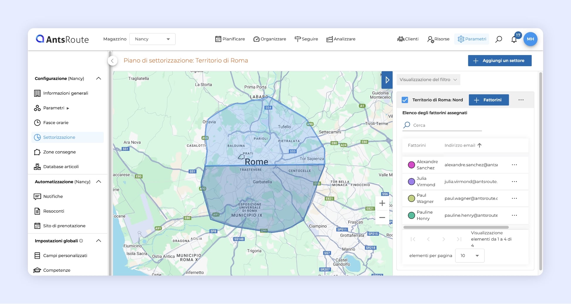 Mappa AntsRoute con le zone di intervento e i fattorini assegnati per pianificare i giri.