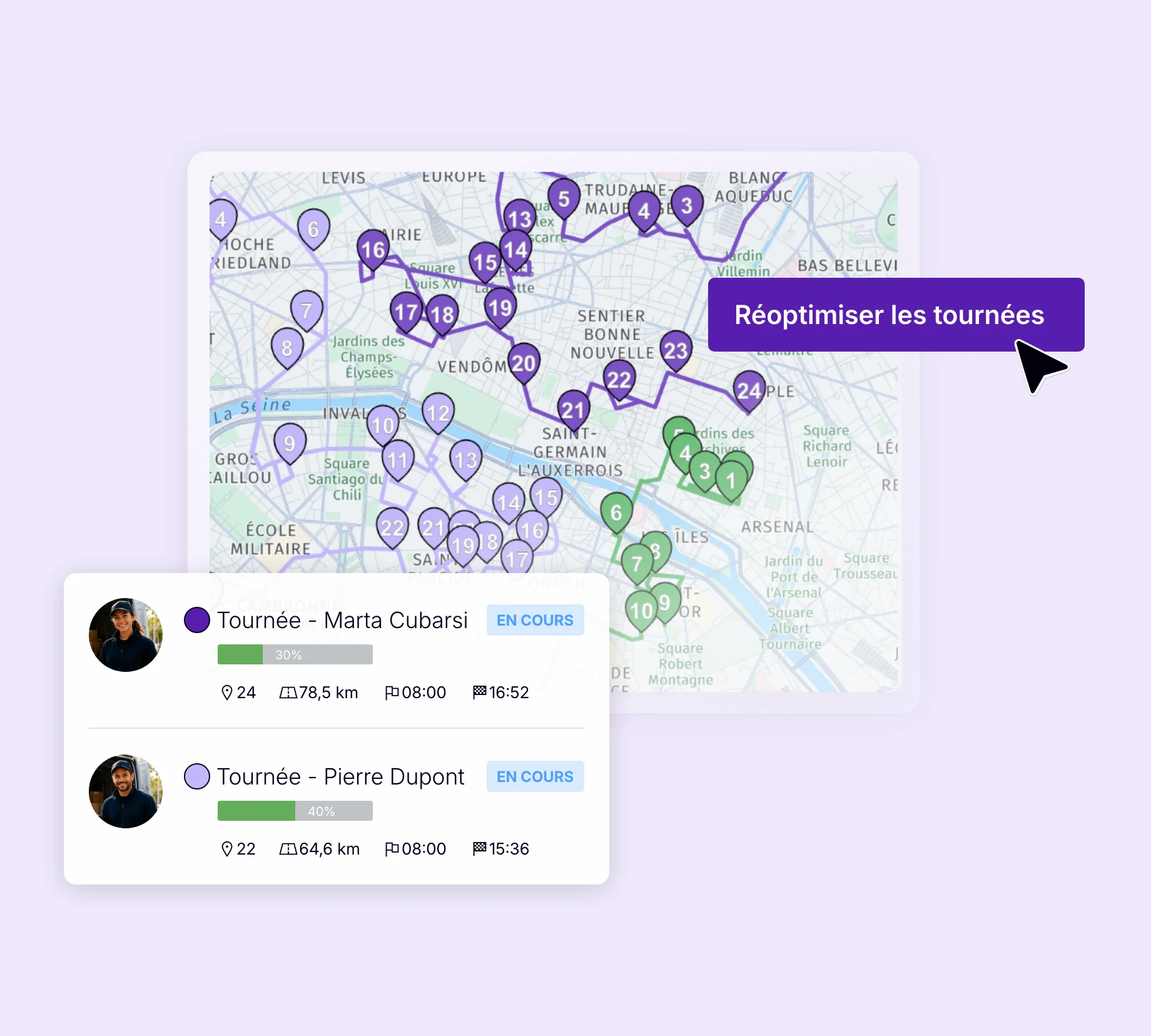 Carte des tournées de livraison en cours avec réoptimisation des itinéraires
