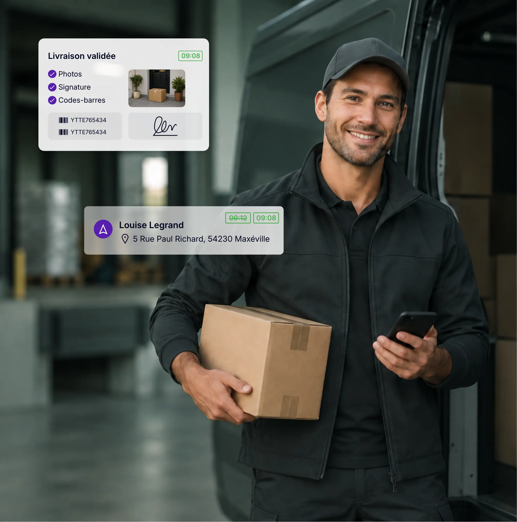 Livreur utilisant AntsRoute pour valider une livraison avec photo, signature et scan de codes-barres.