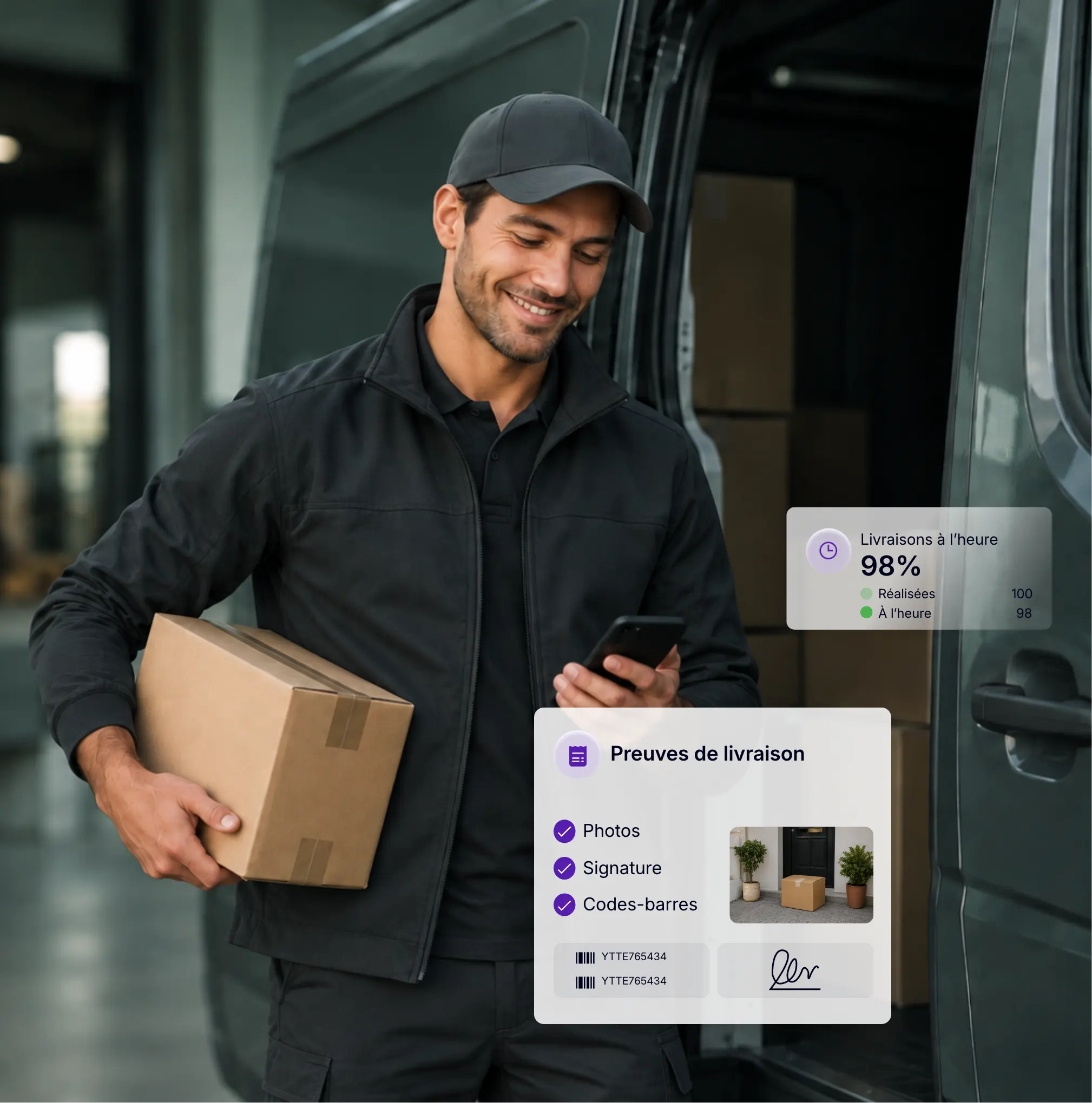 Livreur utilisant une application mobile pour suivre ses livraisons et enregistrer les preuves de livraison : photo, signature et code-barres.