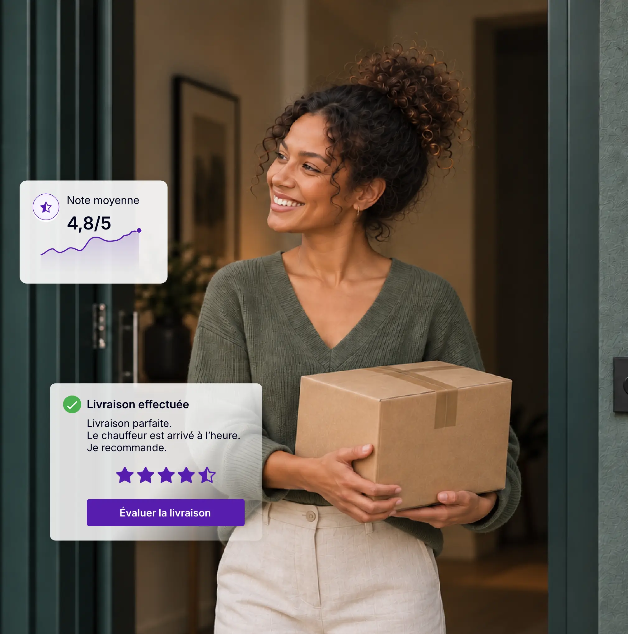 Cliente évaluant une livraison après réception de son colis grâce aux notifications AntsRoute