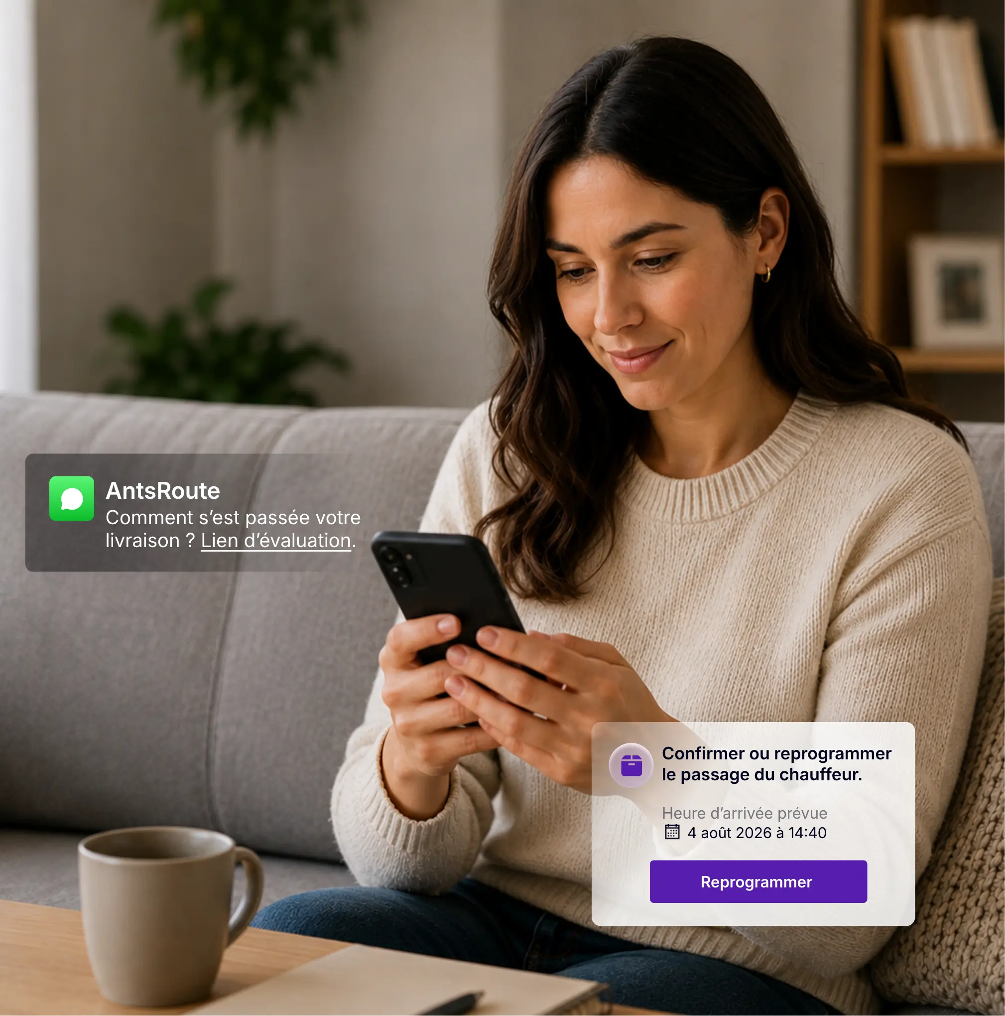 Cliente recevant une notification AntsRoute pour confirmer ou reprogrammer le passage du chauffeur
