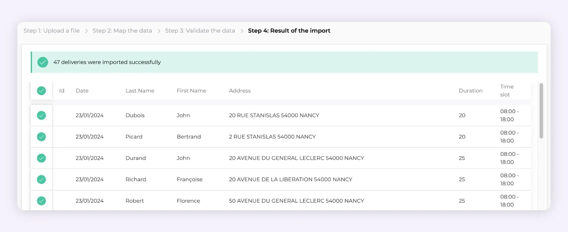 The AntsRoute interface showing the validation of data imported from an Excel file.