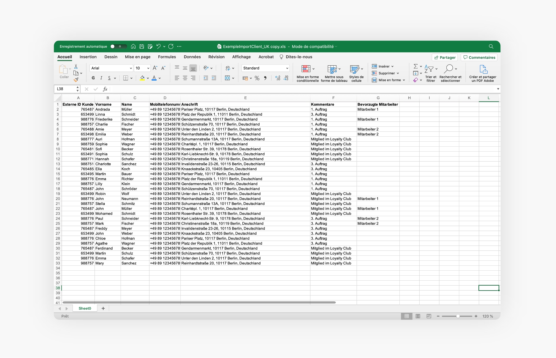 Excel-Datei mit einer Liste von Kunden