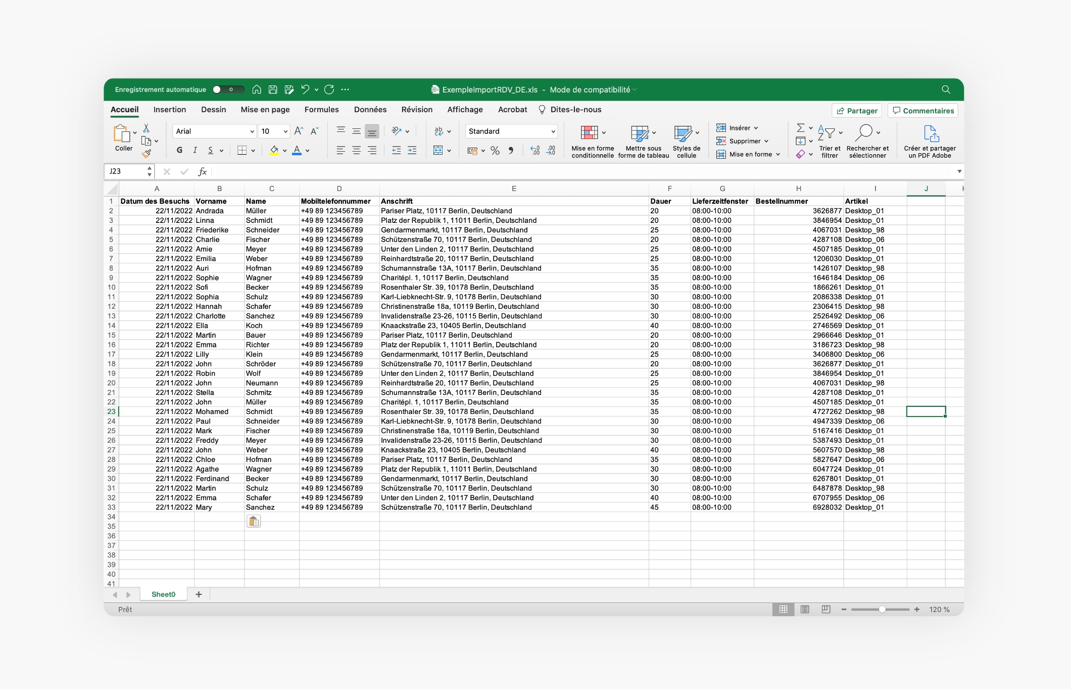 Excel file with a list of work orders