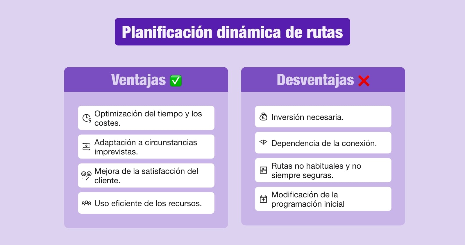 Diagrama que muestra las ventajas y desventajas de la planificación dinámica de rutas.