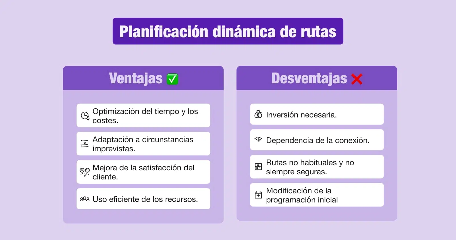 Diagrama que muestra las ventajas y desventajas de la planificación dinámica de rutas.