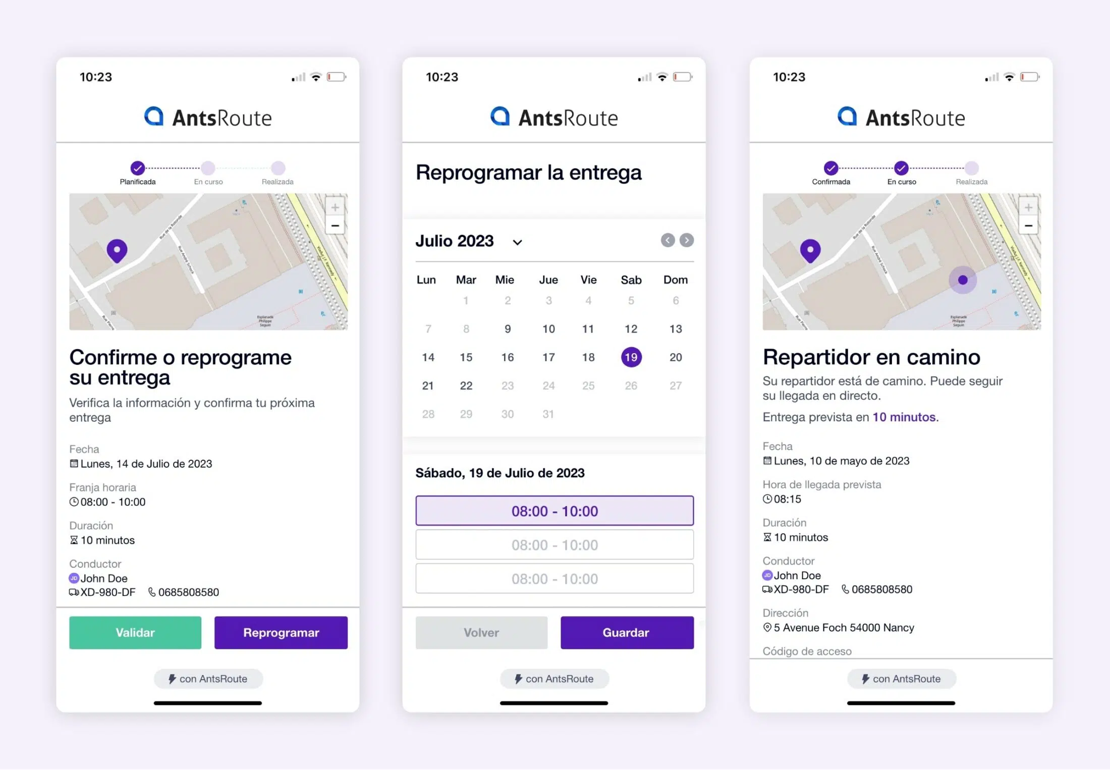 Enlace para reprogramar una entrega y seguir a un repartidor enviado con AntsRoute.