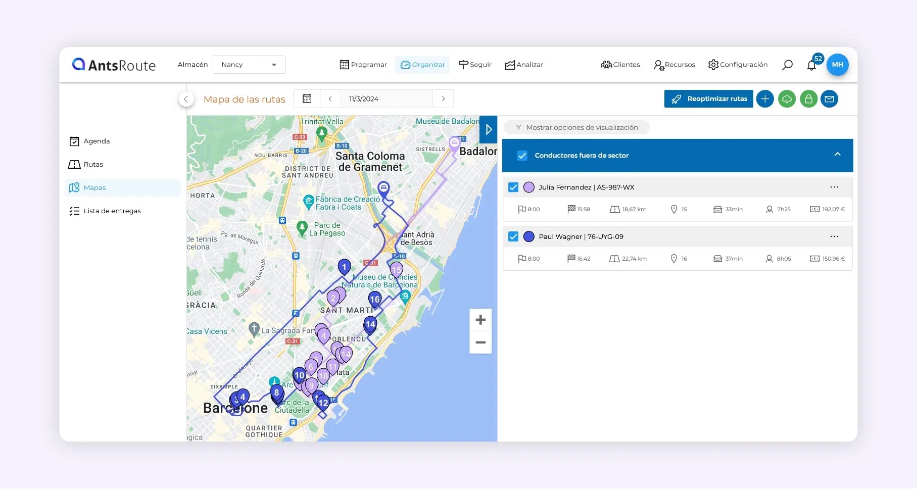 La interfaz de AntsRoute muestra las rutas optimizadas.