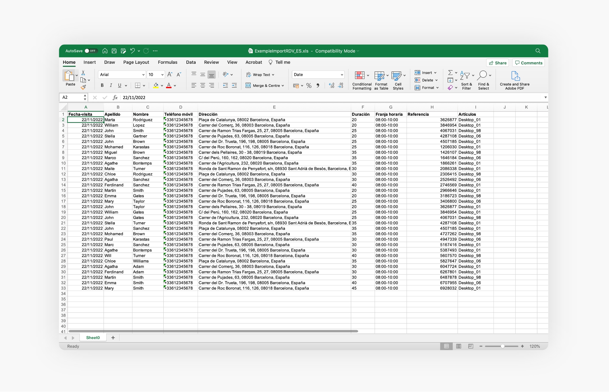 un archivo Excel con una lista de órdenes de trabajo