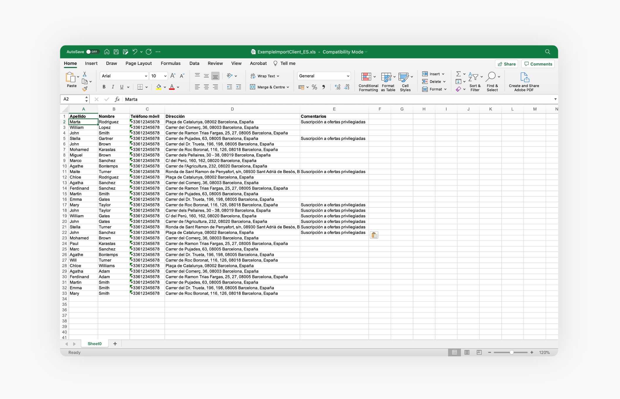 un archivo Excel con una lista de clientes