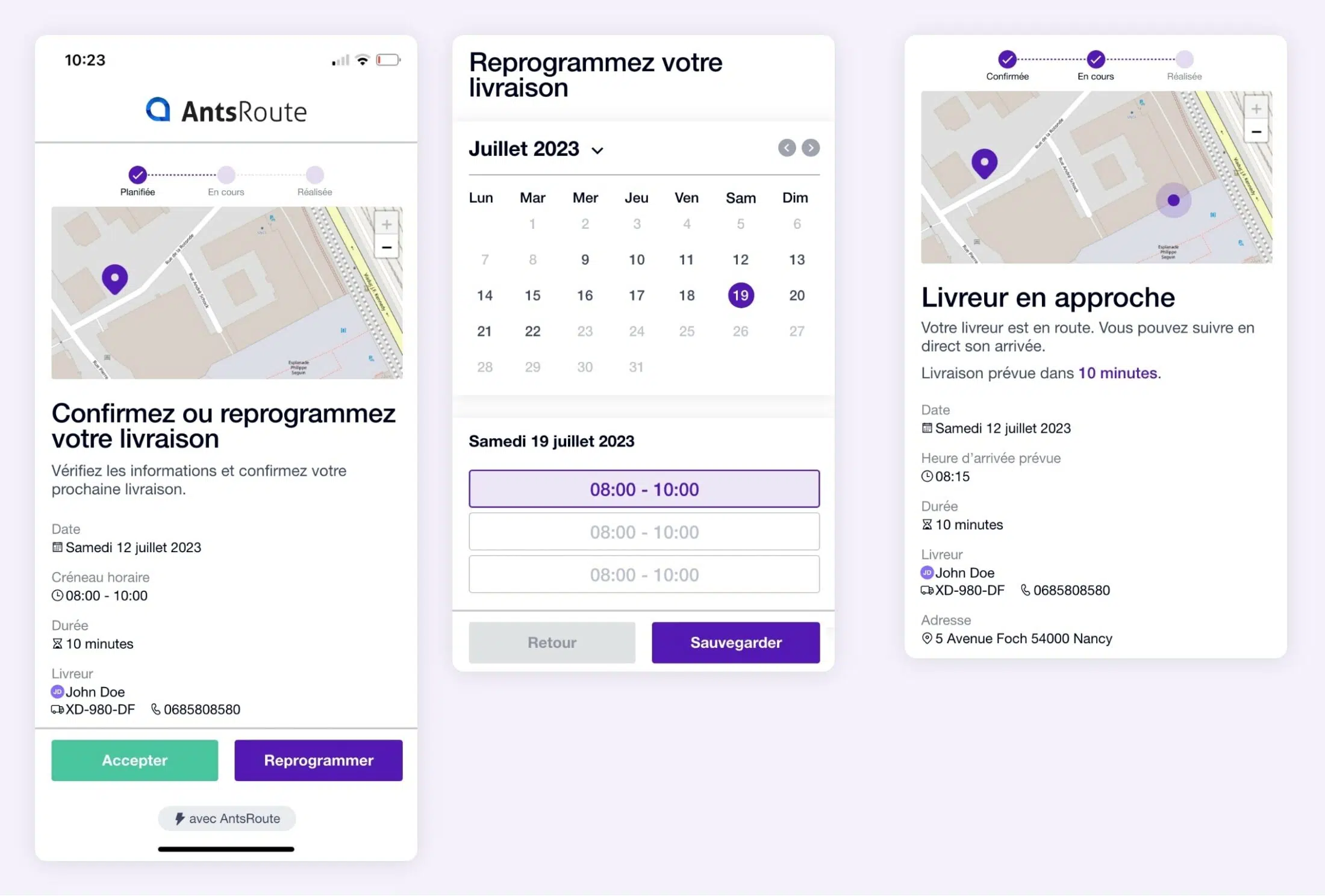 Lien de reprogrammation et lien de suivi d'un livreur générés avec AntsRoute.