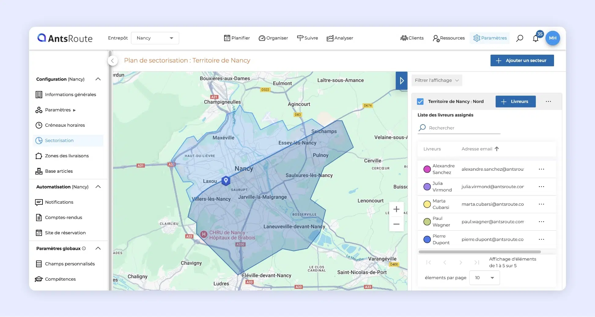 Carte AntsRoute avec secteurs d’intervention et livreurs affectés pour planifier les tournées.