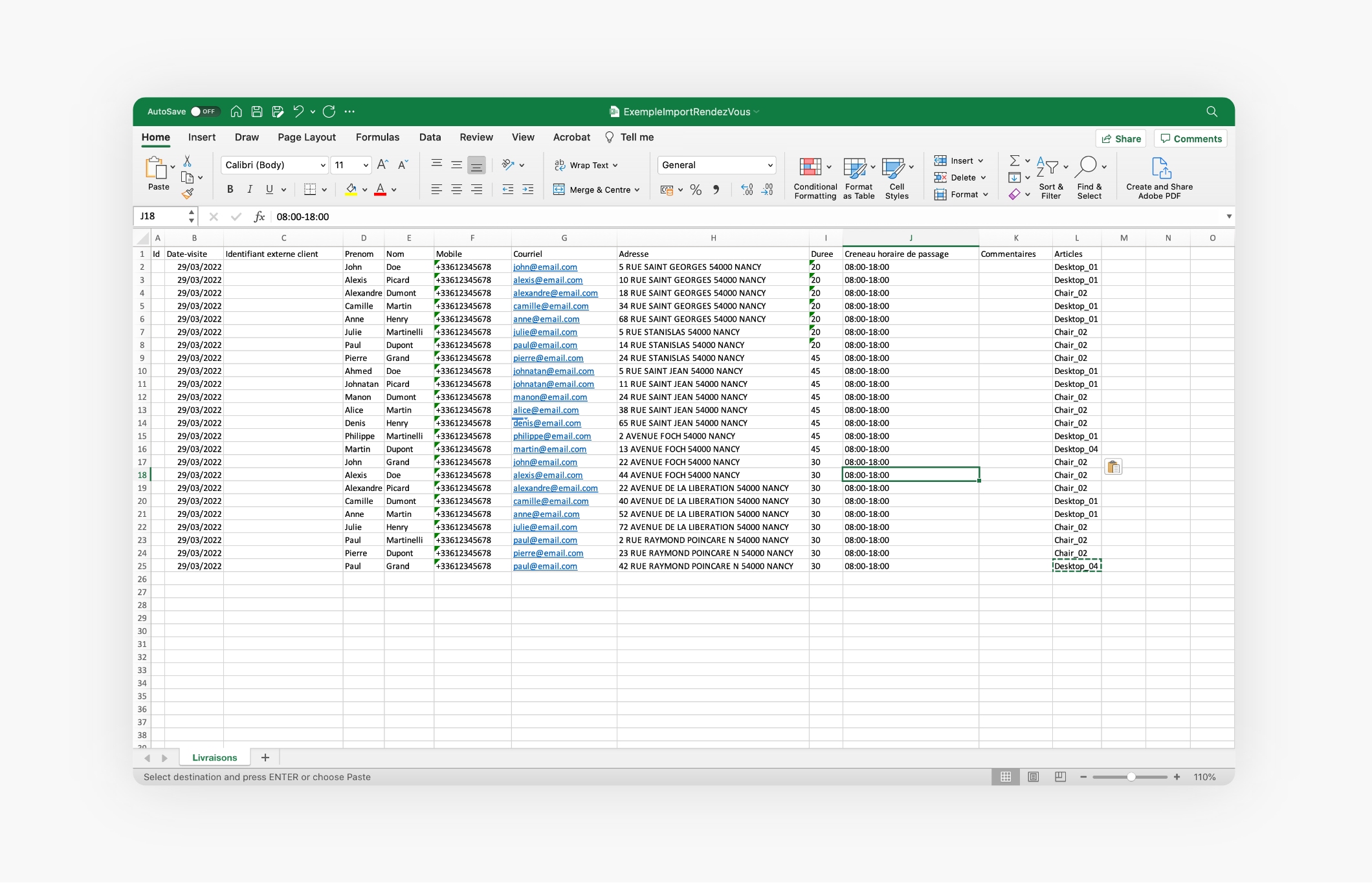 fichier Excel avec une liste de rendez-vous