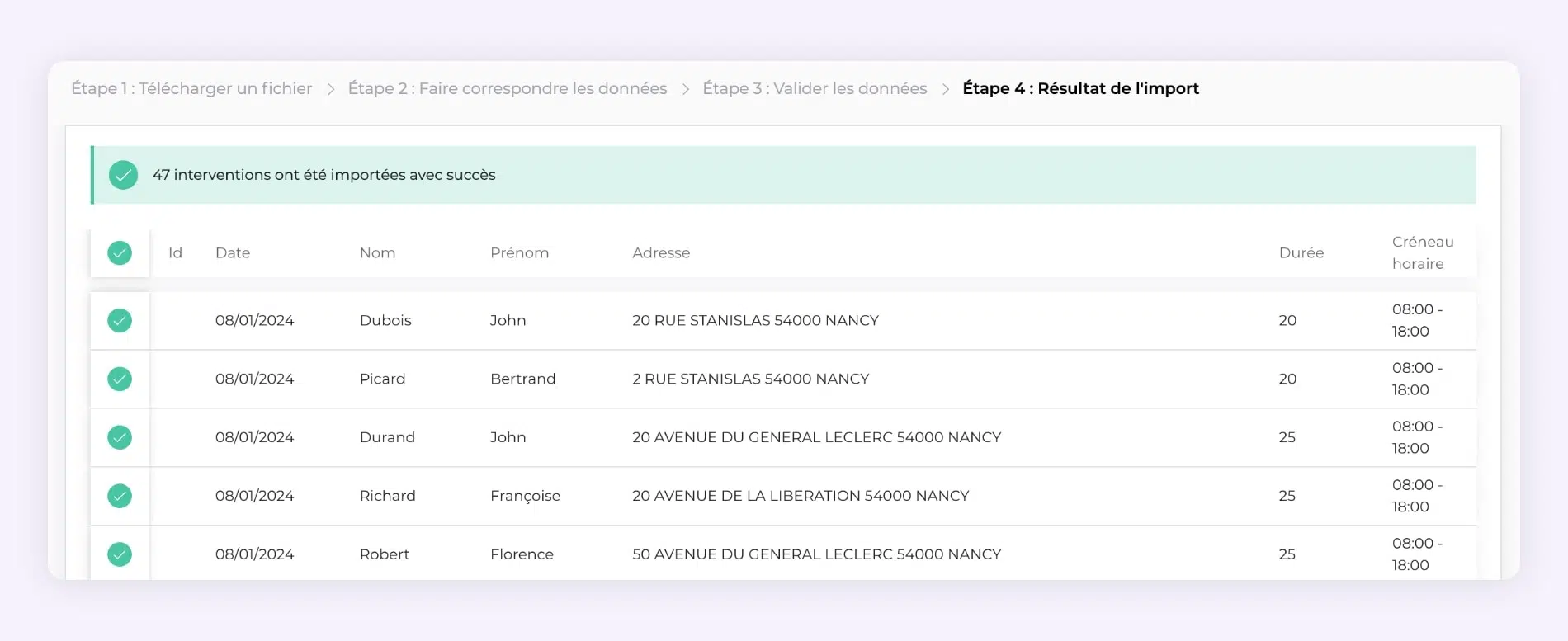 L'interface du logiciel d'optimisation de tournées AntsRoute montrant la validation des données d'un fichier Excel.