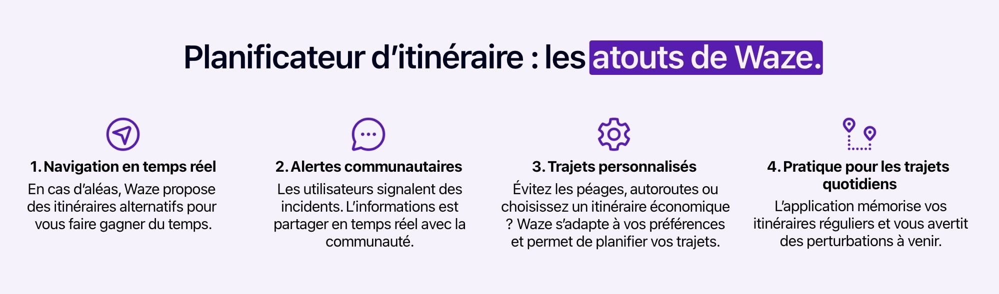 Schéma présentant les avantages de l'application Waze pour planifier des itinéraires.