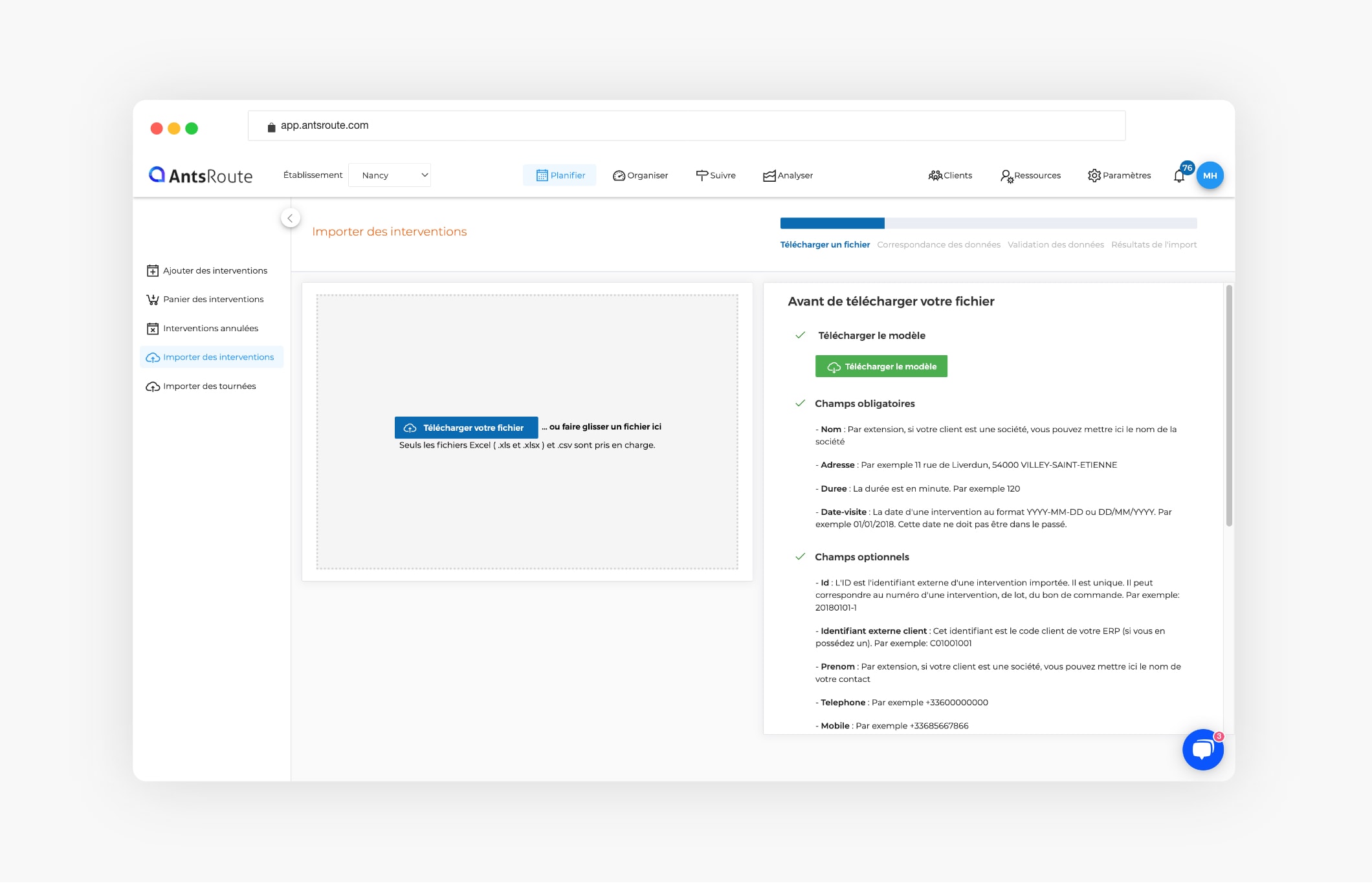 import d'un fichier Excel avec une liste d'interventions à planifier sur l'outil AntsRoute