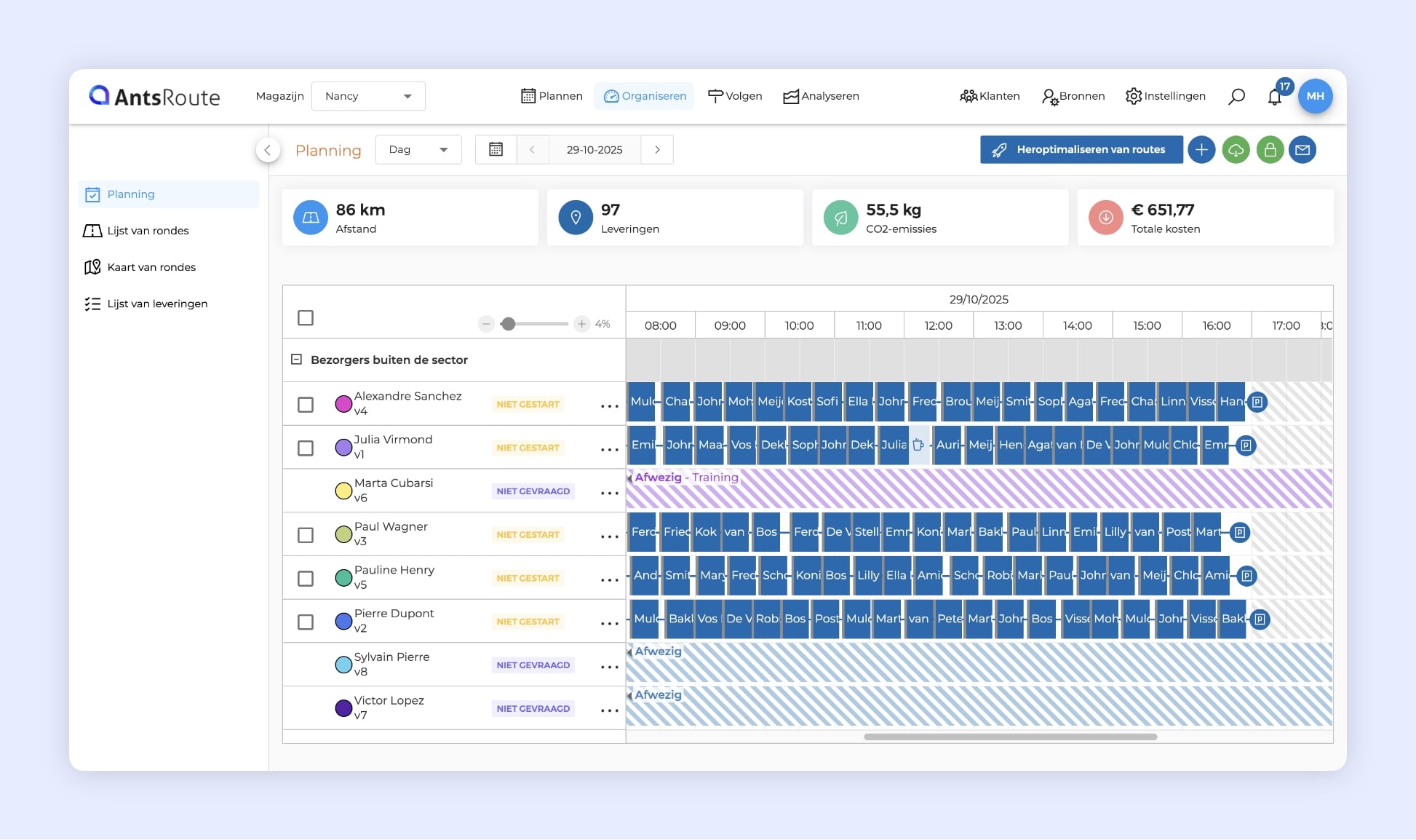 Planningsinterface: planning van 5 fieldteams met de lijst van uit te voeren stops, inclusief status en tijdstippen.