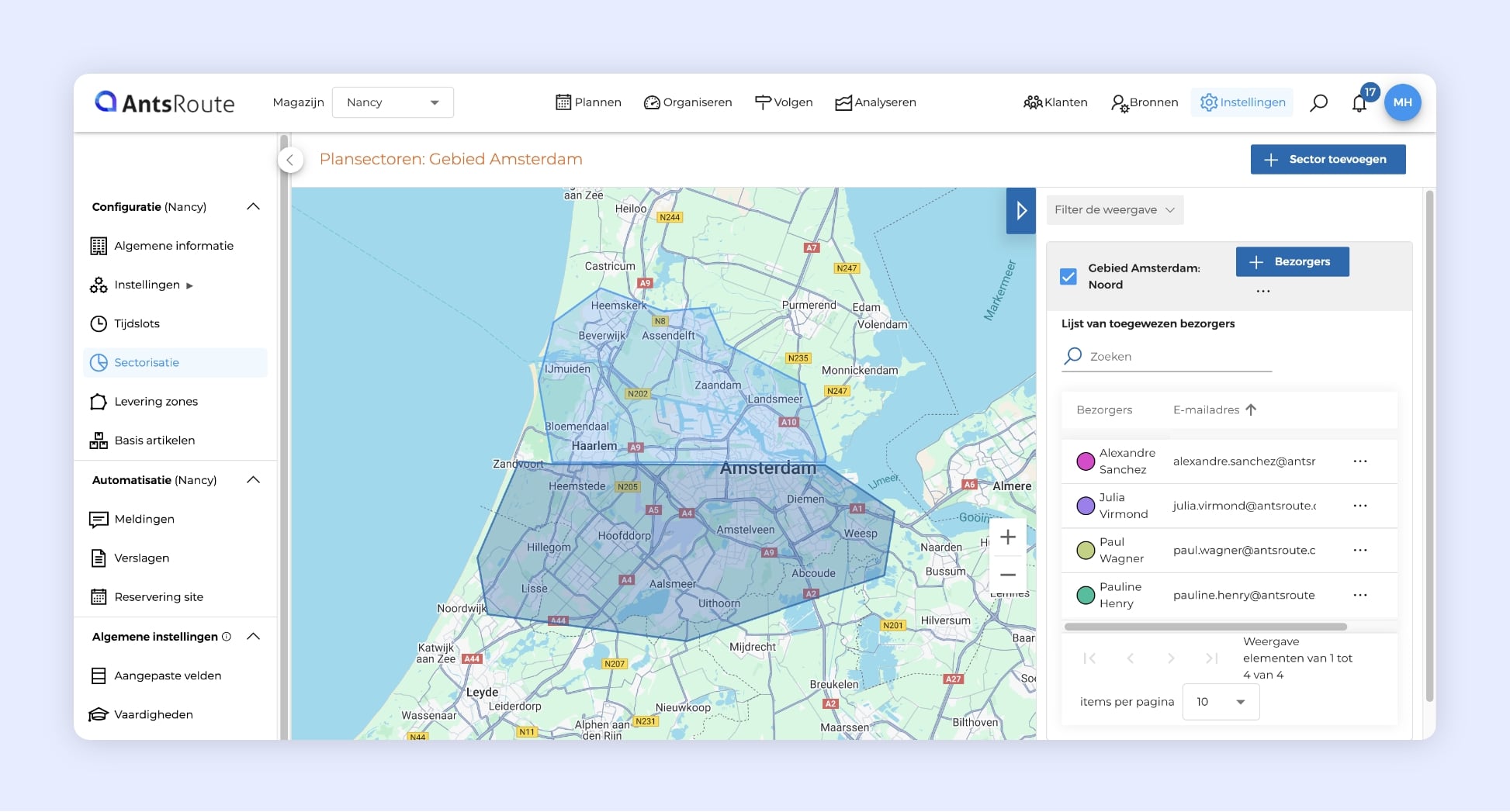 AntsRoute-kaart met interventiezones en toegewezen bezorgers voor het plannen van de routes.
