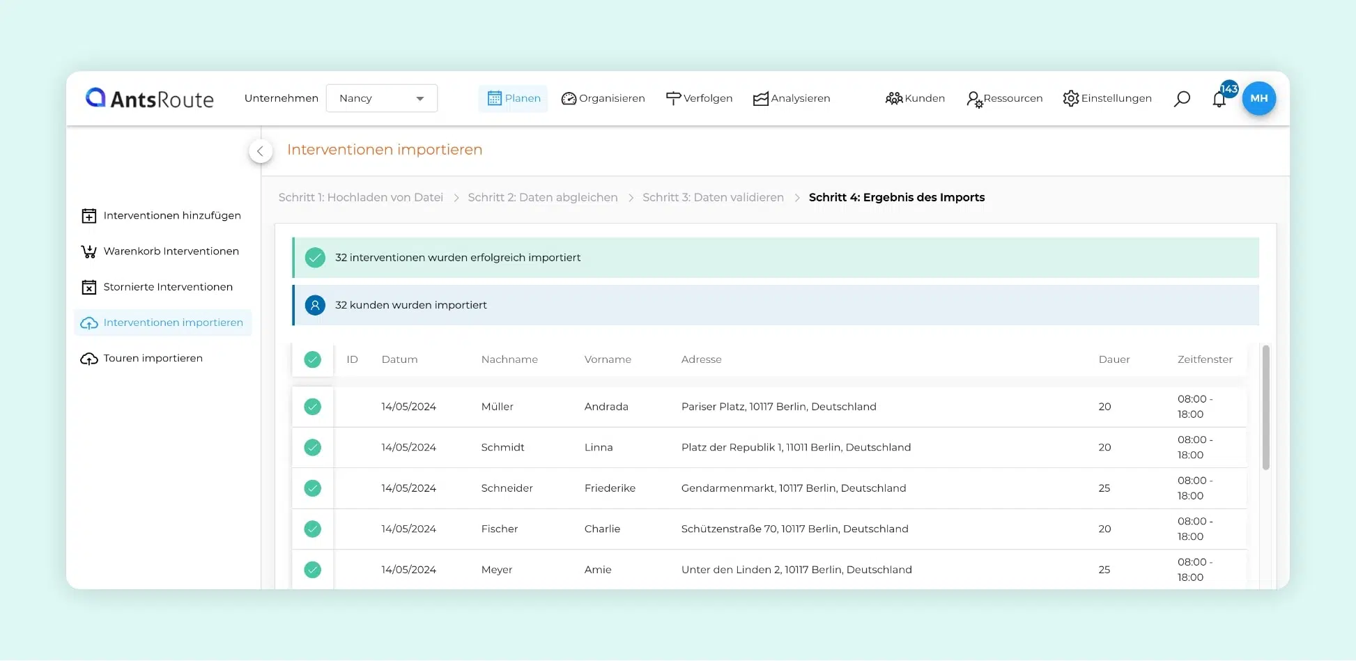 AntsRoute-Schnittstelle zeigt den Import einer Excel-Datei mit Außendiensteinsätzen