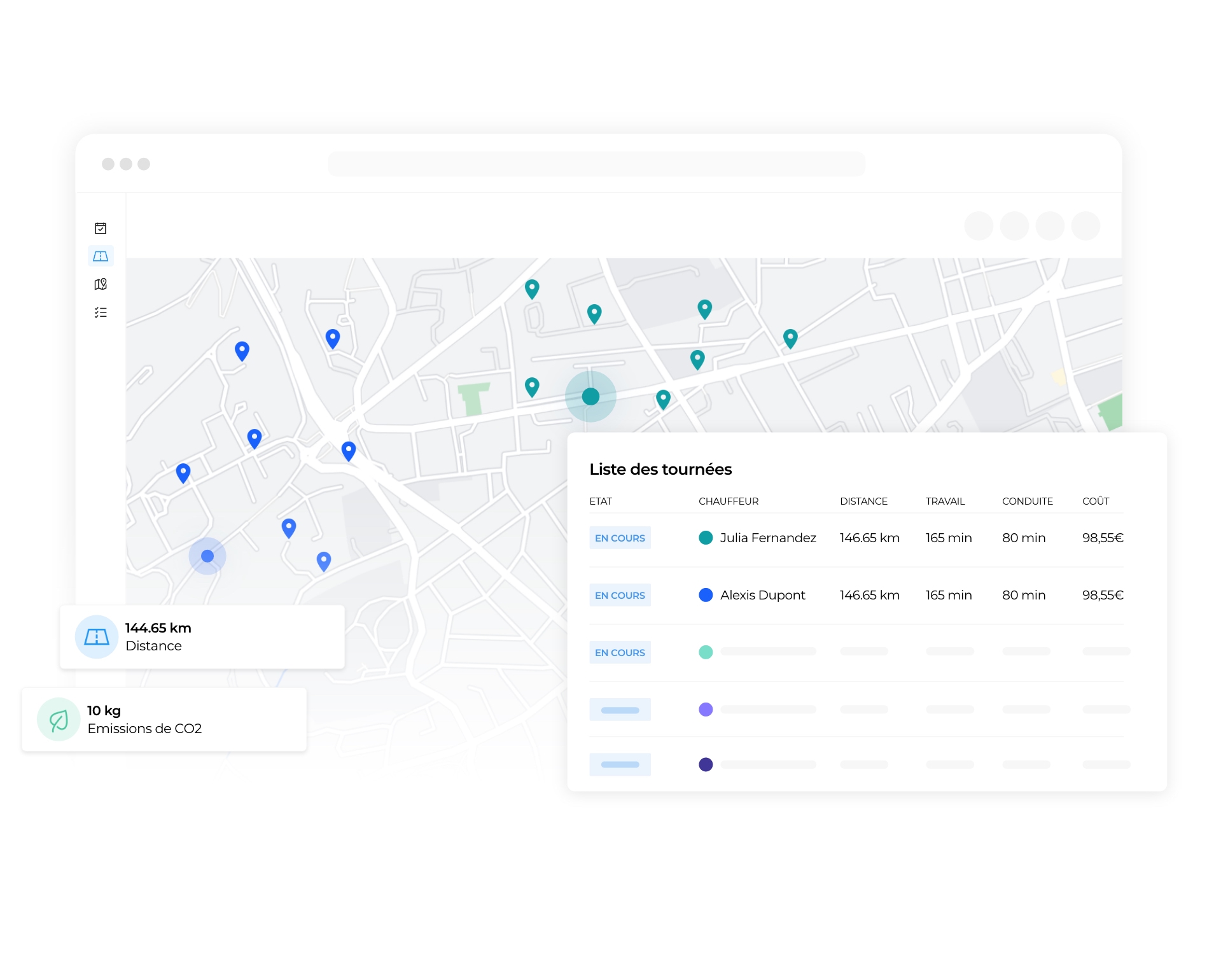 Interface AntsRoute montrant des tournées sur une carte