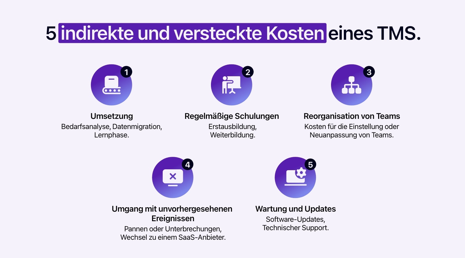 Schema, das die 5 indirekte und versteckte Kosten eines TMS darstellt.