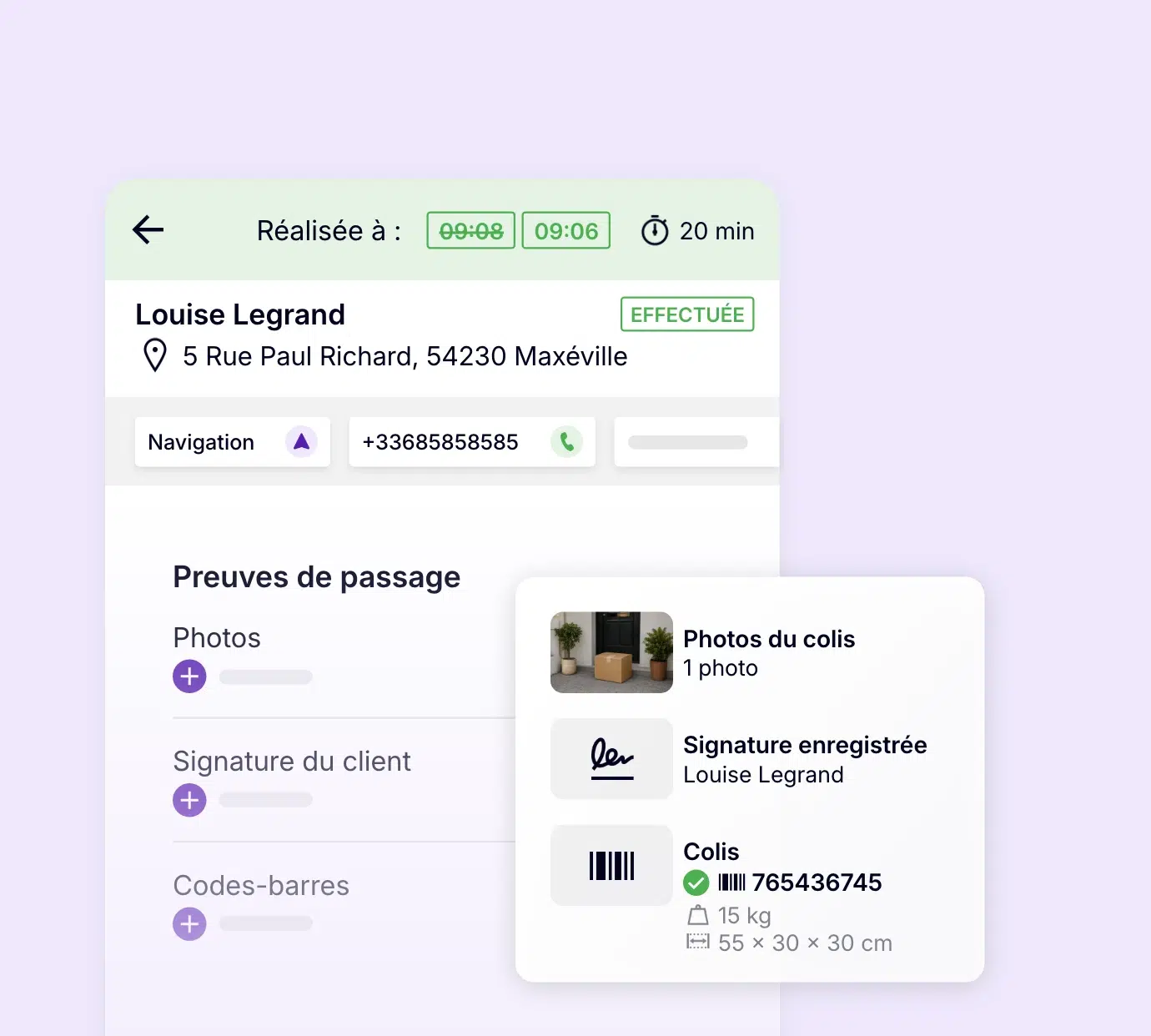 Preuve de livraison avec photo du colis, signature client et scan du code-barres dans AntsRoute