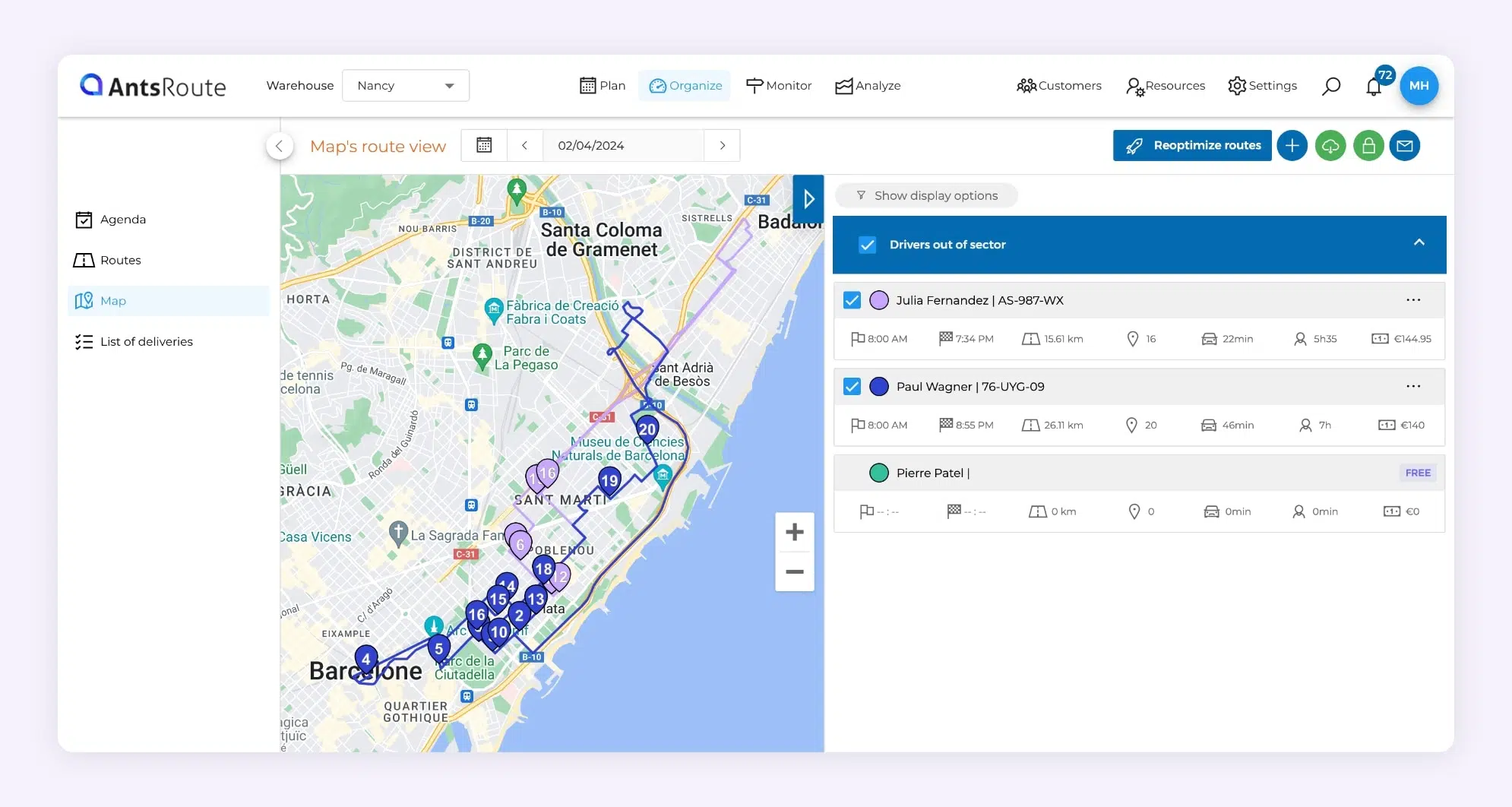 The AntsRoute interface showing two optimised delivery routes.