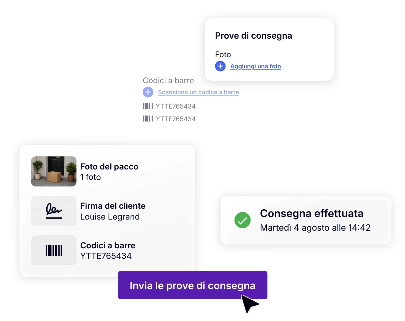 Raccolta e invio delle prove di consegna con foto, firma del cliente e scansione del codice a barre.
